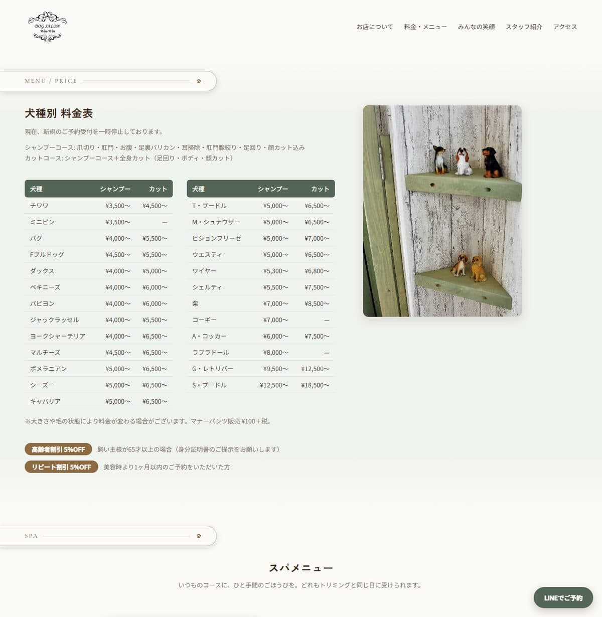 Dog Salon Win-Win 公開中サイトの25犬種の料金表ページ